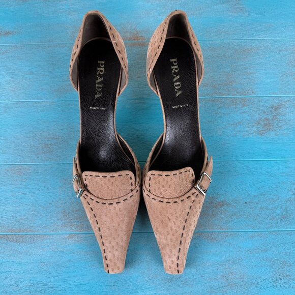 PRADA Tan Ostrich Suede Stitched Pointed Toe Kitten Heels Size 37.5 US 7.5 - Picture 3 of 12